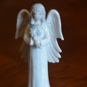 FLAVIA Porcelain Angel Figurine Holding Flower Bouquet White Angel Decor